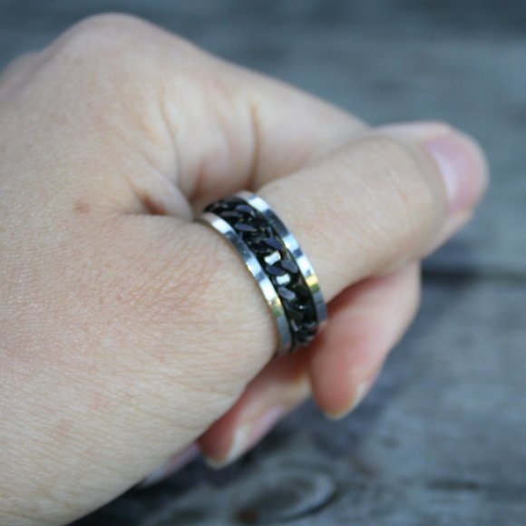 MENS SPINNER RING ★ BLACK CHAIN STAINLESS STEEL BIKER ROCKER MOTORCYCLE - Picture 11 of 11